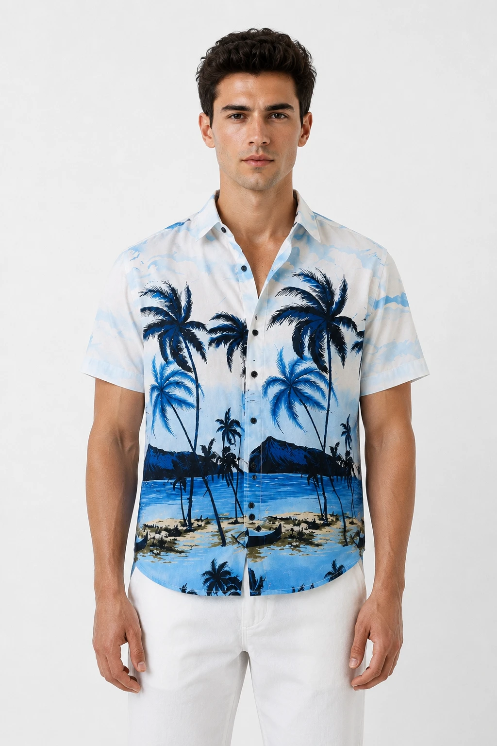 Men's Premium Tropical Scenic Print Half Sleeve Shirt - Sky Blue - Image 2