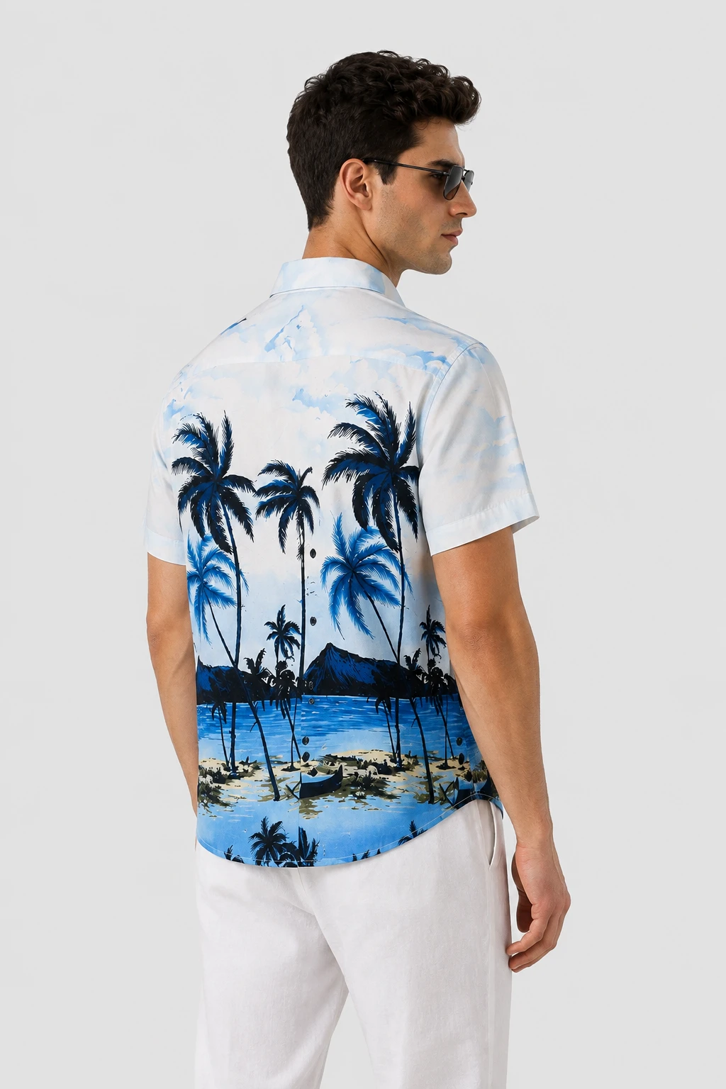 Men's Premium Tropical Scenic Print Half Sleeve Shirt - Sky Blue - Image 3