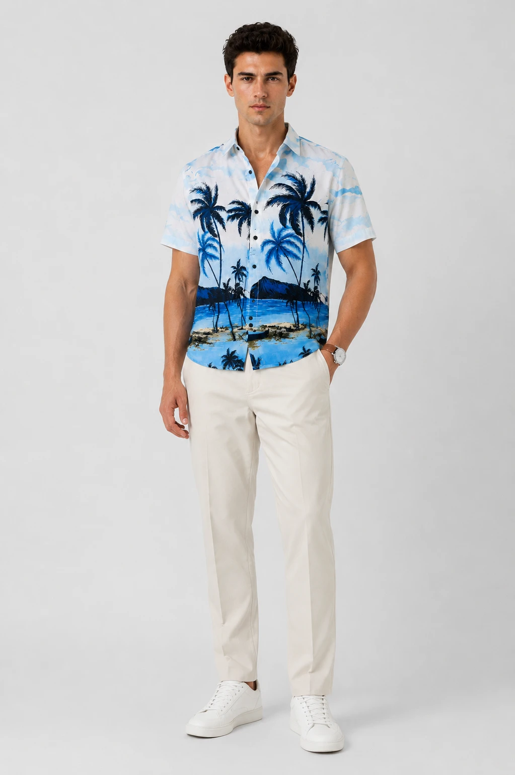 Men's Premium Tropical Scenic Print Half Sleeve Shirt - Sky Blue - Image 4