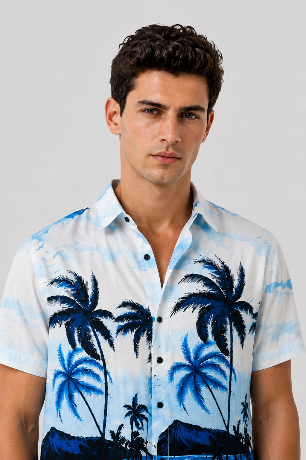Men's Premium Tropical Scenic Print Half Sleeve Shirt - Sky Blue - Image 5