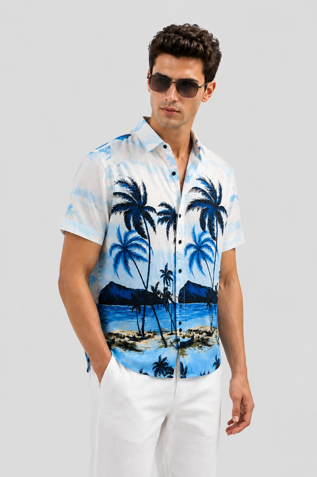 Men's Premium Tropical Scenic Print Half Sleeve Shirt - Sky Blue - Image 6