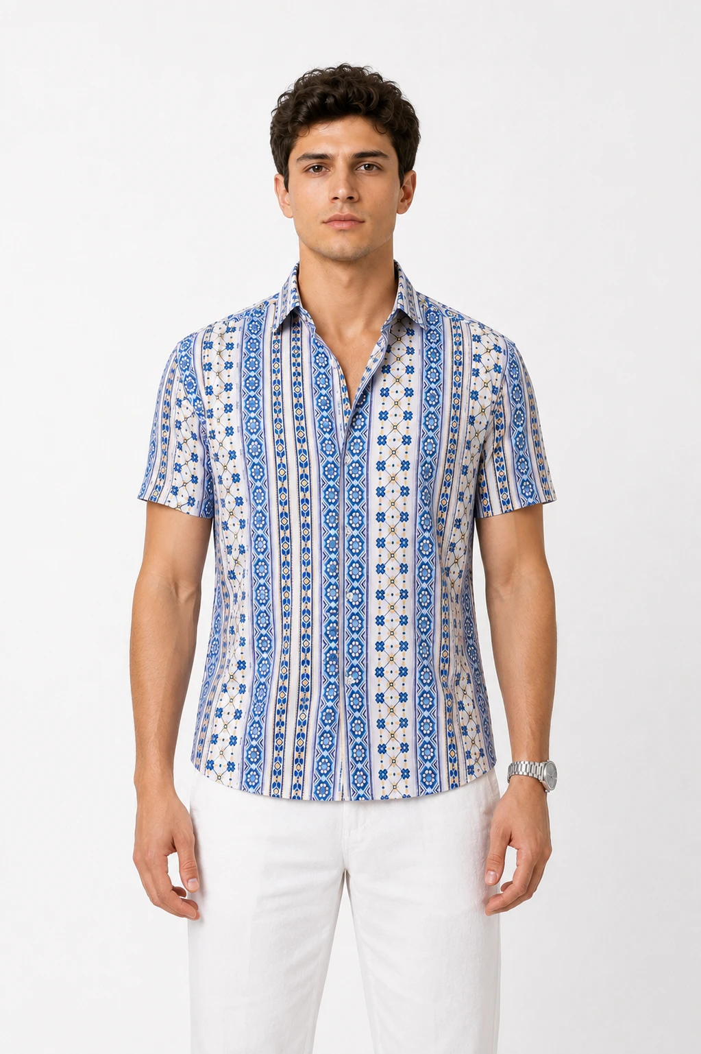 Men's Blue & White Ethnic Stripe Printed Short Sleeve Casual Shirt - Image 2