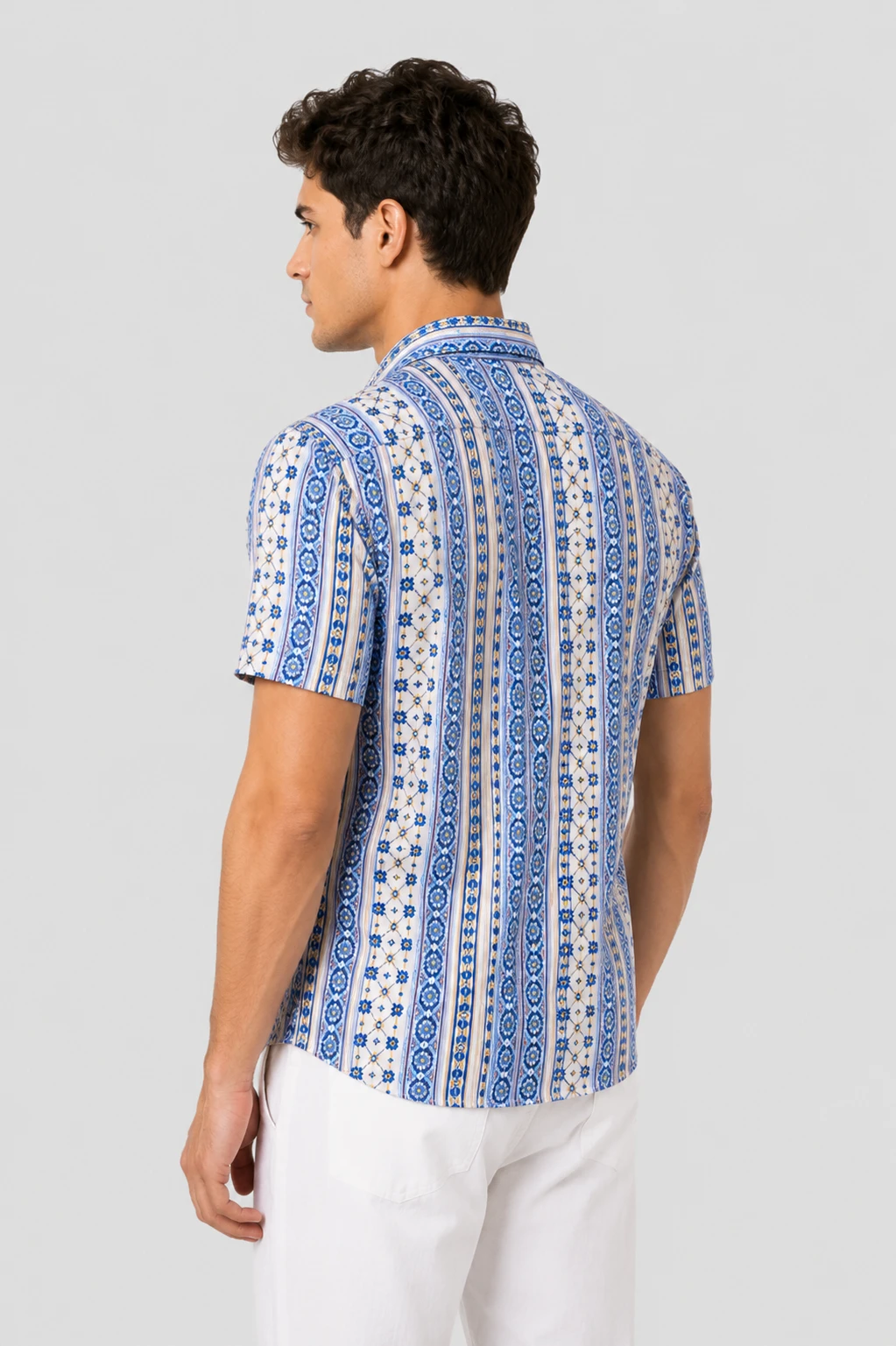 Men's Blue & White Ethnic Stripe Printed Short Sleeve Casual Shirt - Image 3