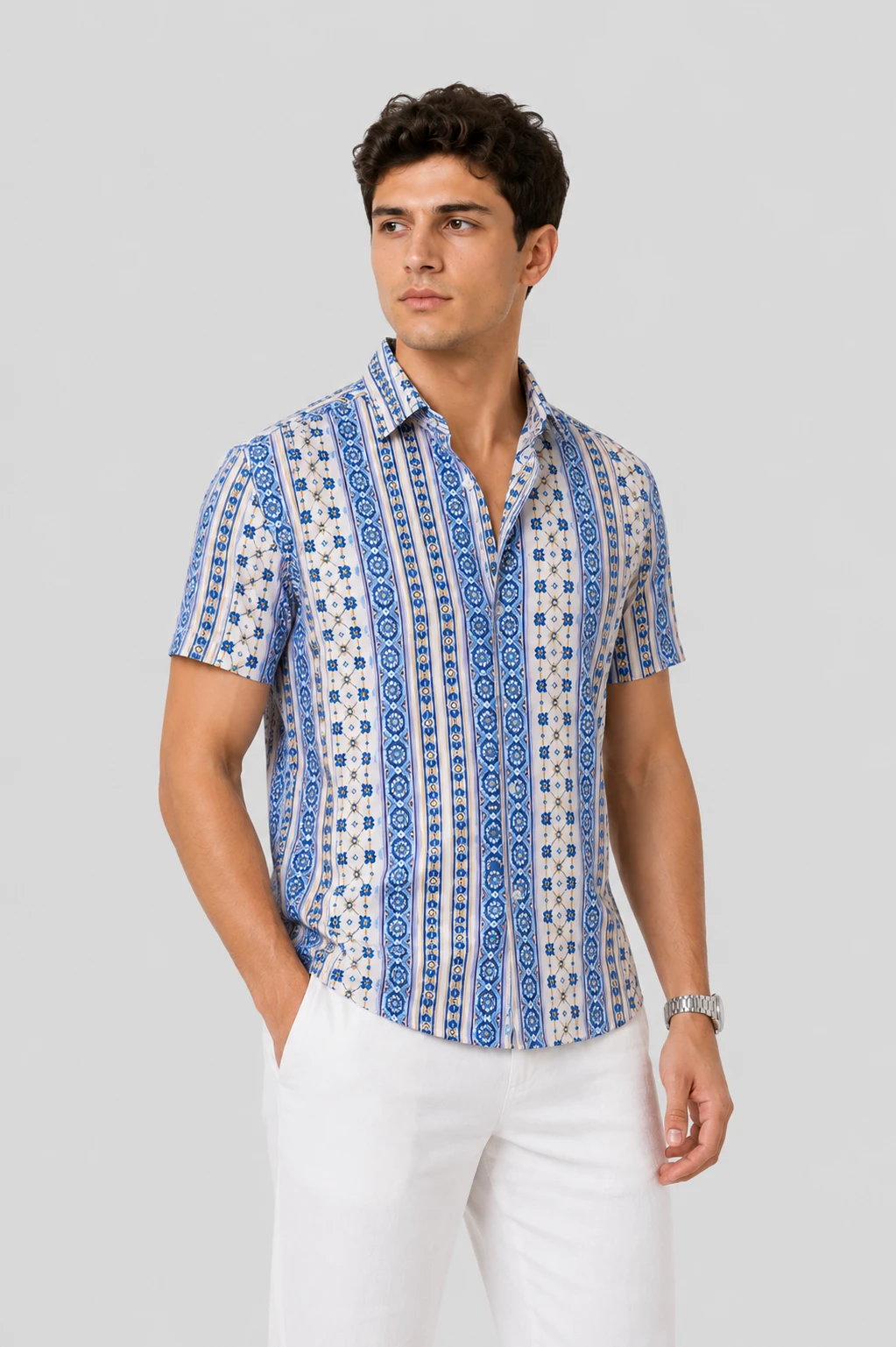 Men's Blue & White Ethnic Stripe Printed Short Sleeve Casual Shirt - Image 4
