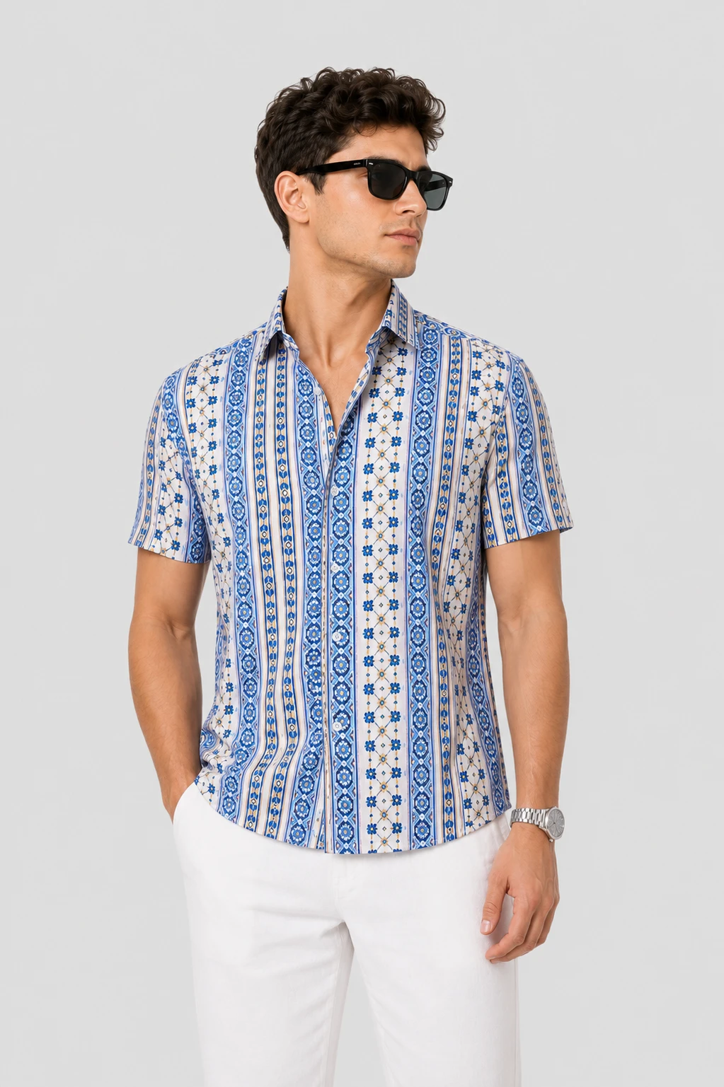Men's Blue & White Ethnic Stripe Printed Short Sleeve Casual Shirt - Image 5
