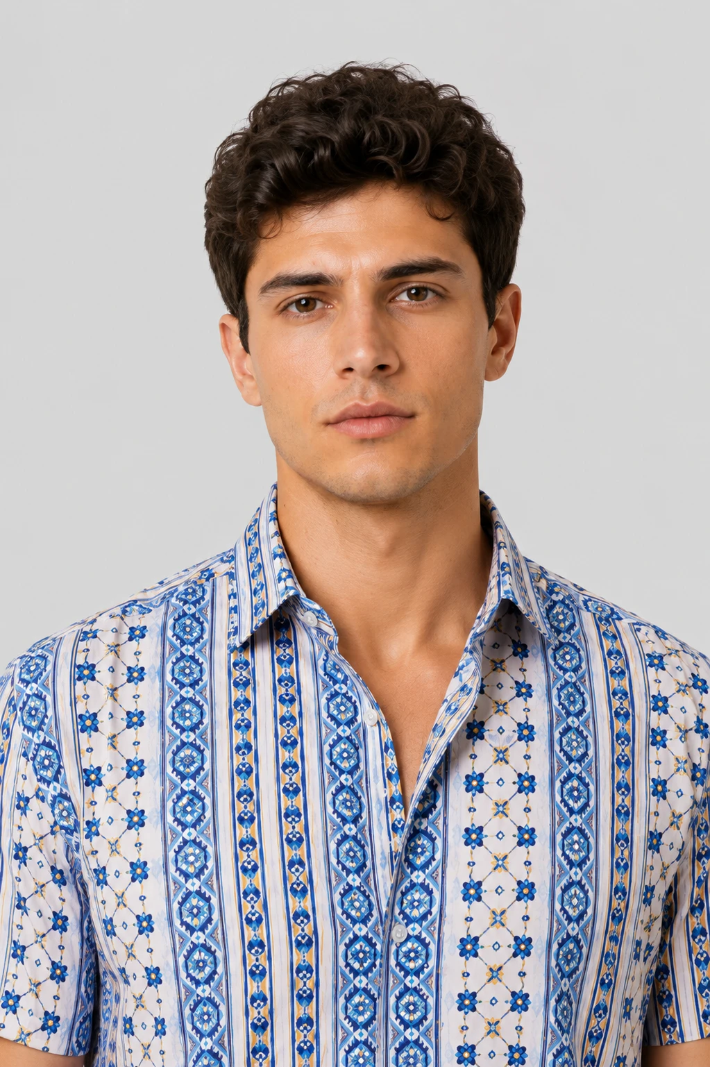 Men's Blue & White Ethnic Stripe Printed Short Sleeve Casual Shirt - Image 6