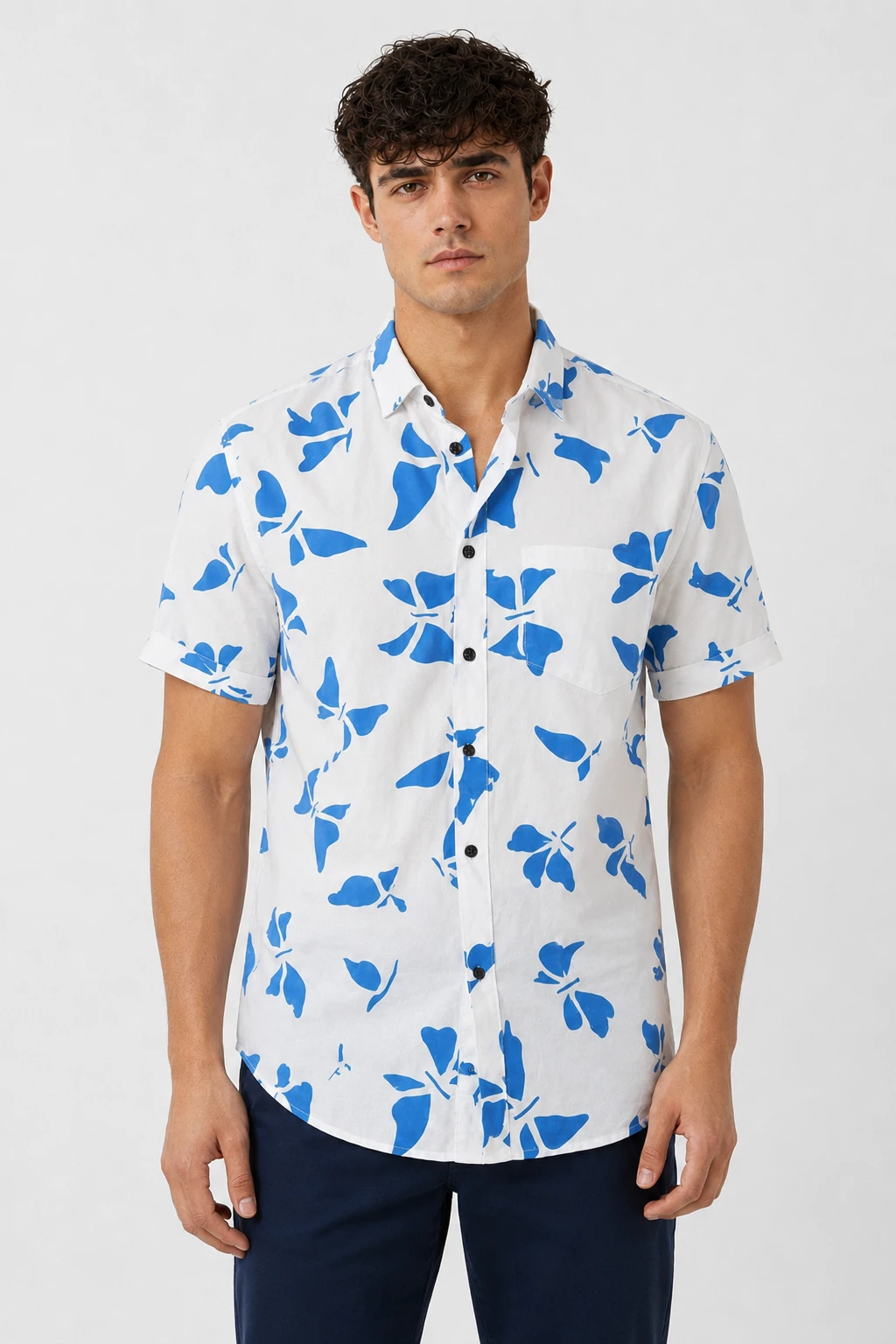 Men's White & Blue Butterfly Print Short Sleeve Casual Shirt - Image 2