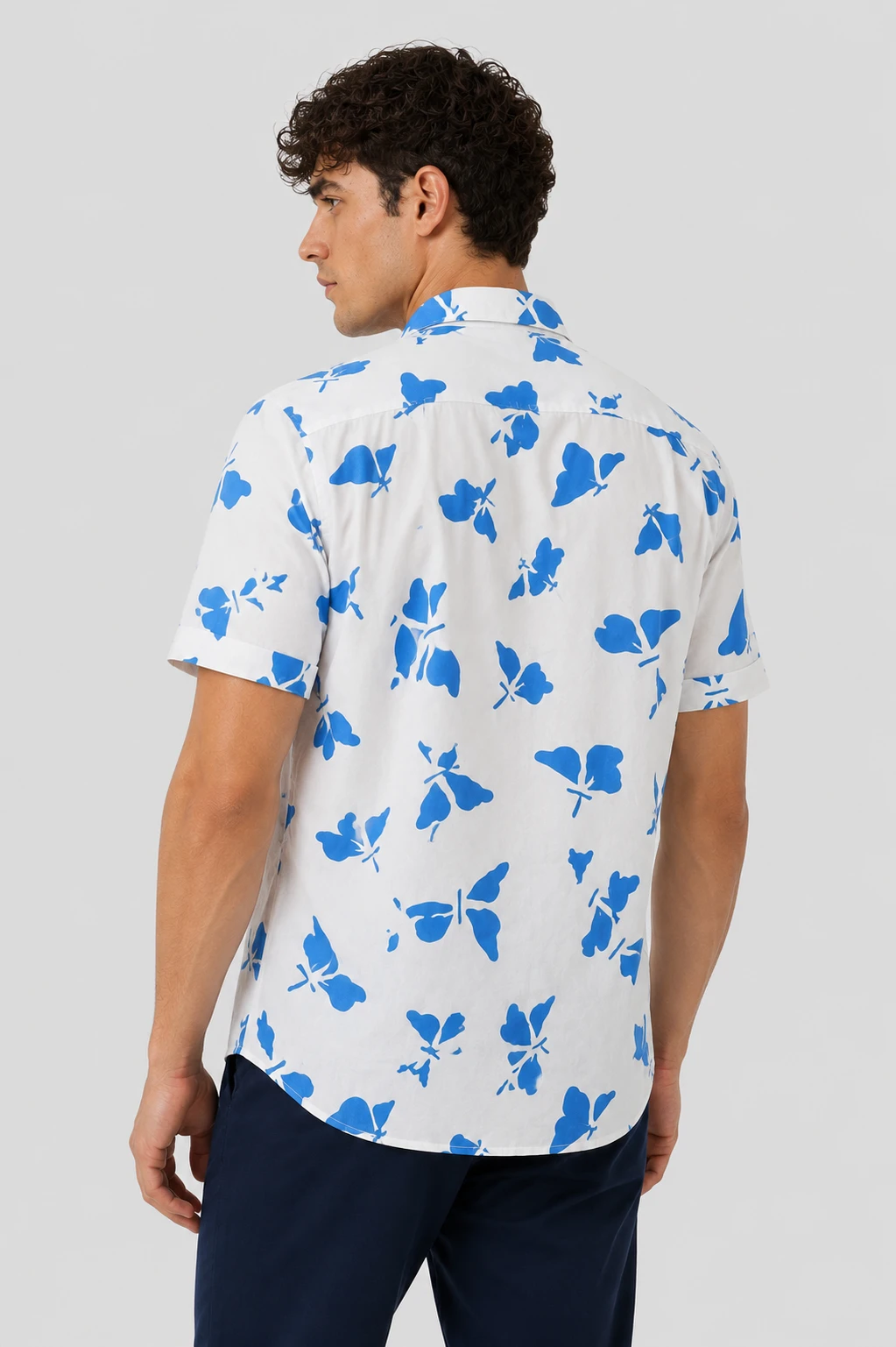Men's White & Blue Butterfly Print Short Sleeve Casual Shirt - Image 3