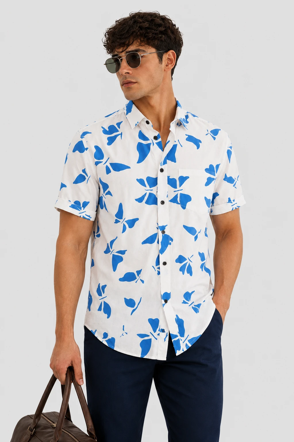 Men's White & Blue Butterfly Print Short Sleeve Casual Shirt - Image 4