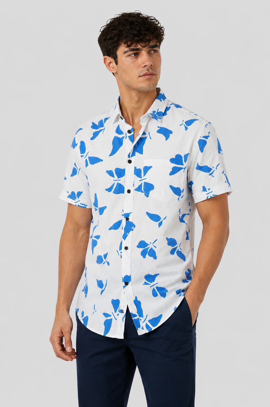 Men's White & Blue Butterfly Print Short Sleeve Casual Shirt - Image 6
