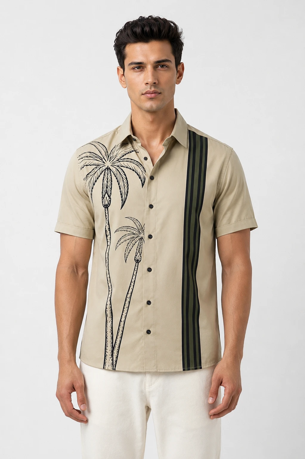 Men's Beige Palm Tree Print Short Sleeve Casual Shirt - Image 2