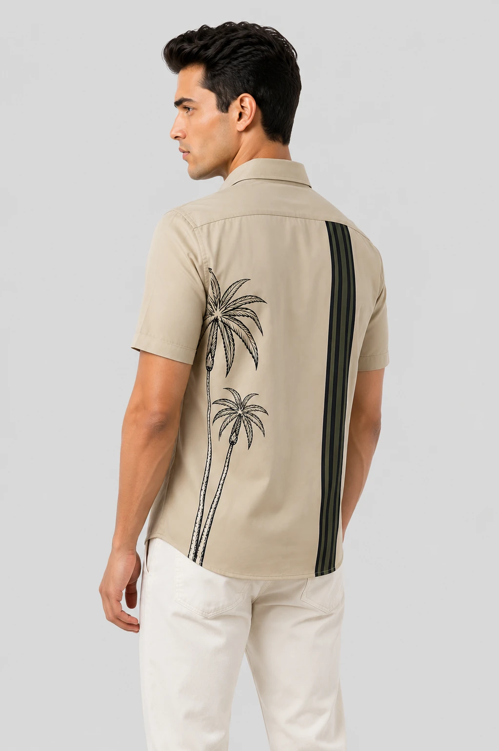Men's Beige Palm Tree Print Short Sleeve Casual Shirt - Image 3