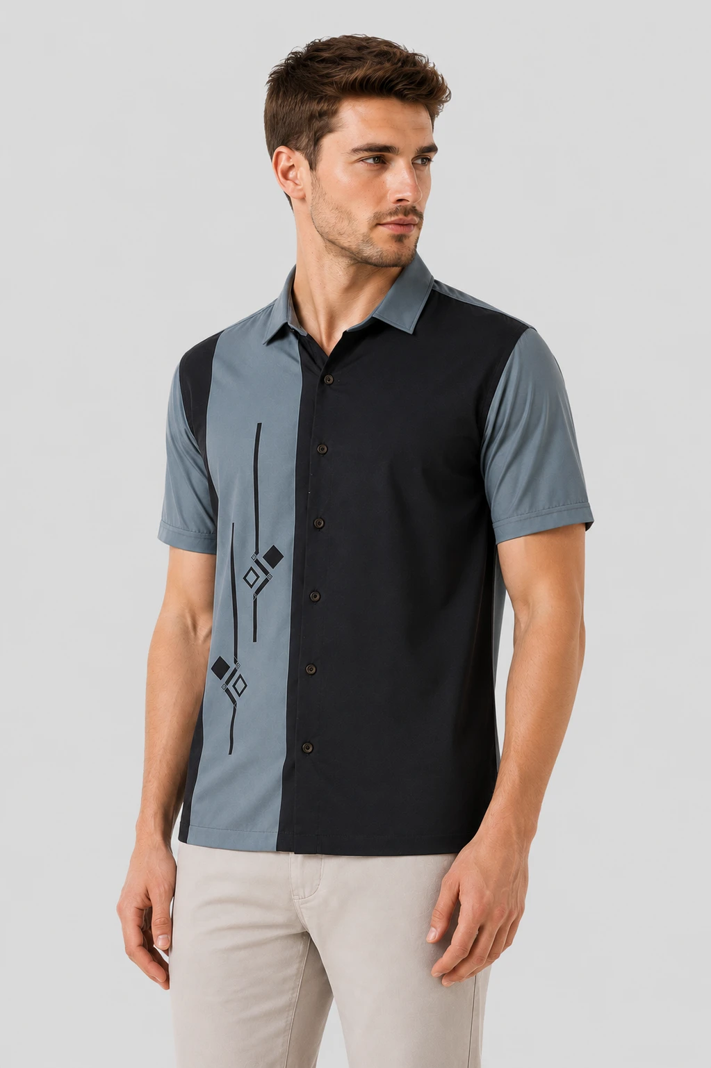 Men's Grey & Black Color Block Printed Casual Half Sleeve Shirt - Image 2
