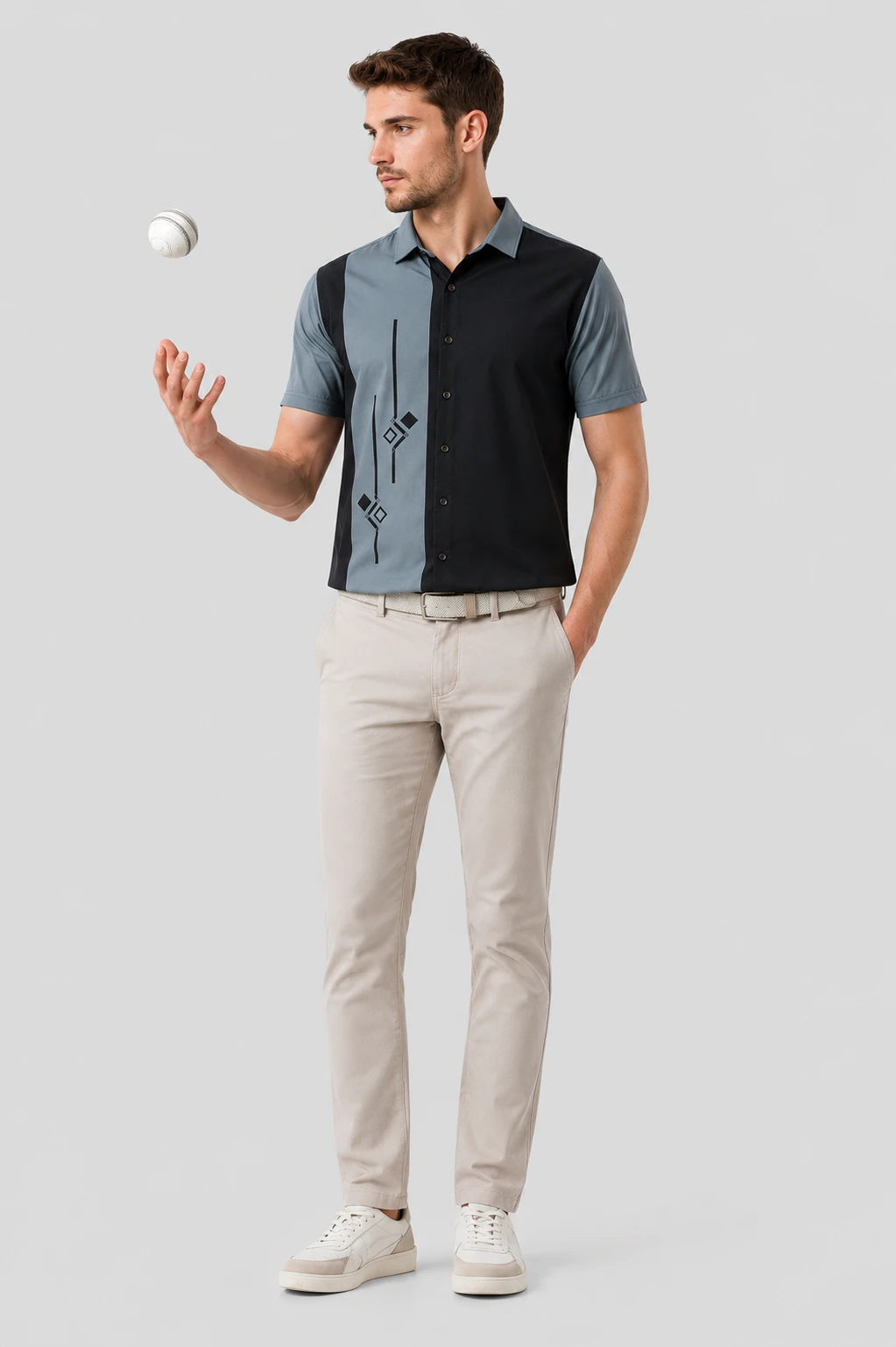 Men's Grey & Black Color Block Printed Casual Half Sleeve Shirt - Image 3