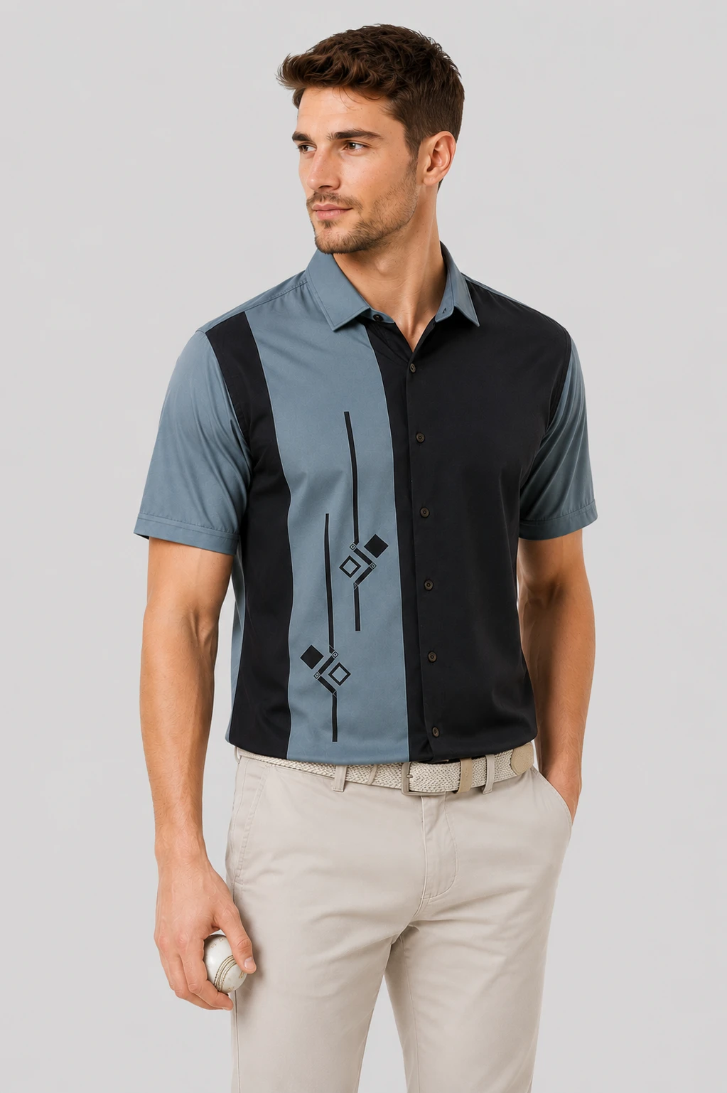 Men's Grey & Black Color Block Printed Casual Half Sleeve Shirt - Image 5