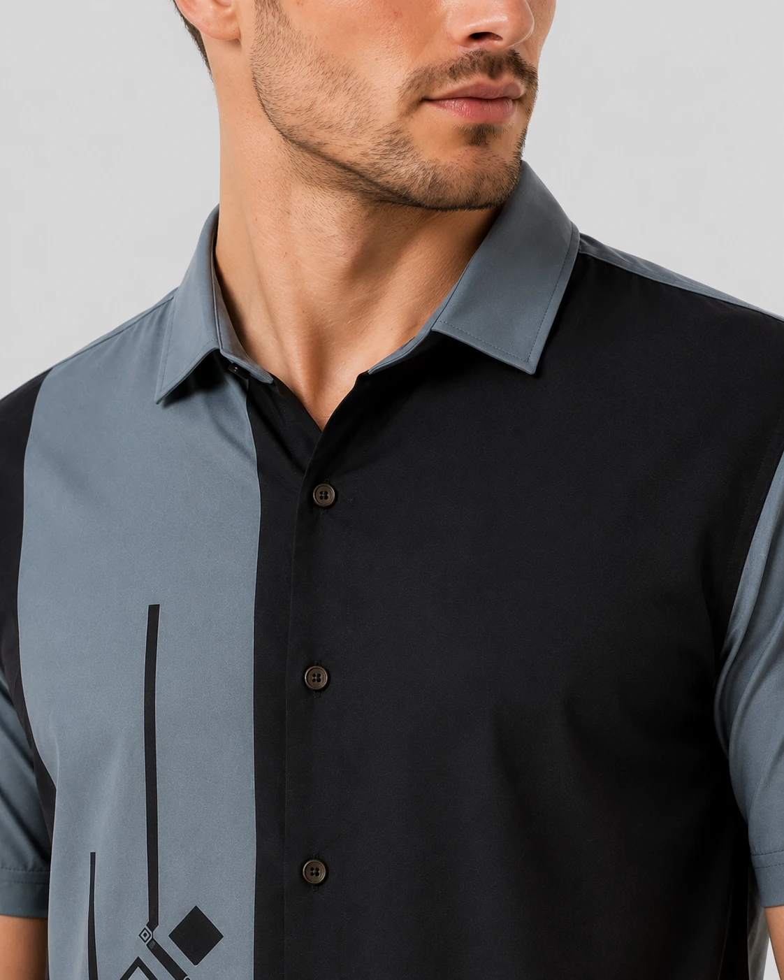 Men's Grey & Black Color Block Printed Casual Half Sleeve Shirt - Image 6