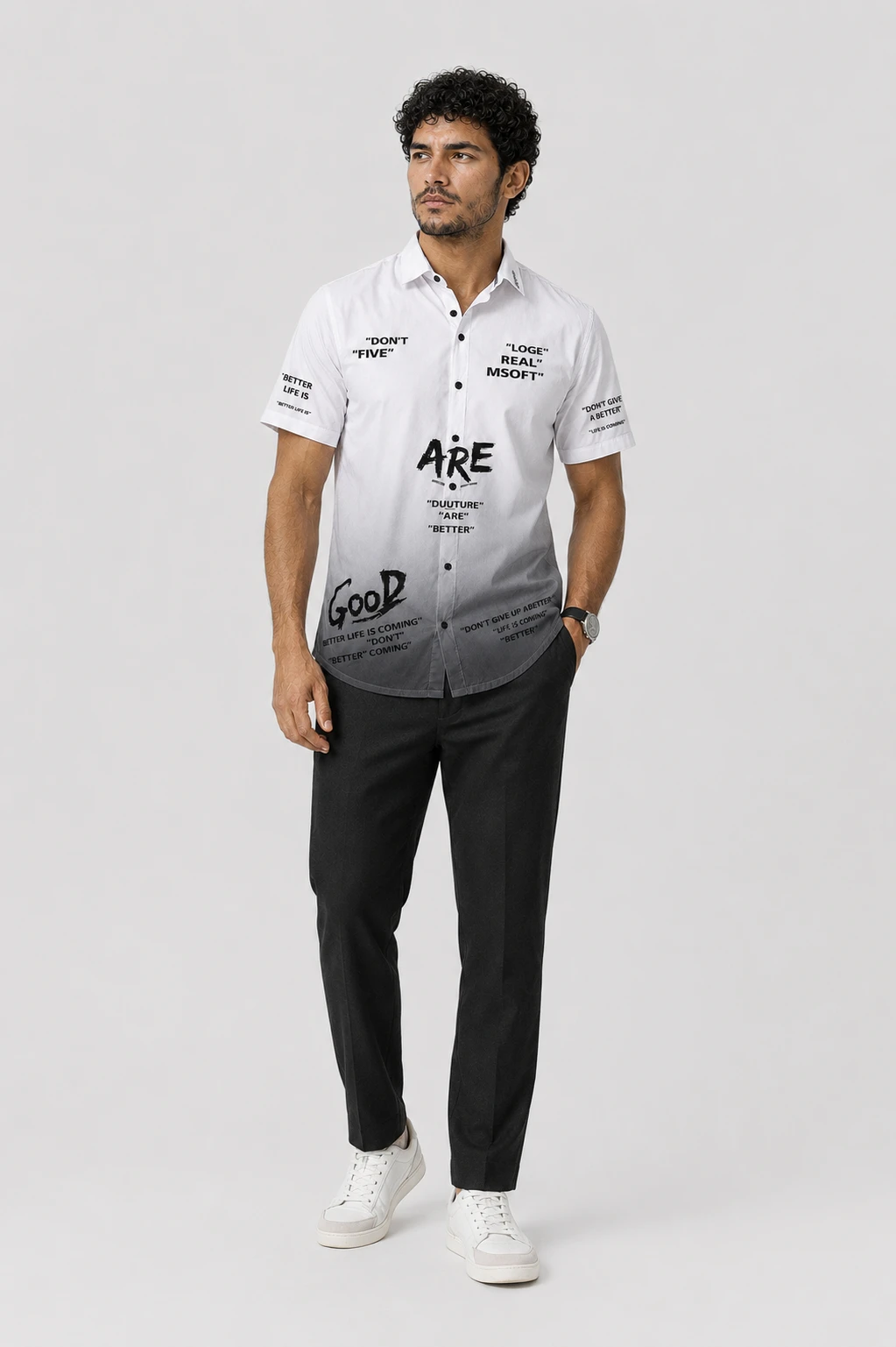 Men's White Typography Printed Casual Half Sleeve Shirt - Image 3