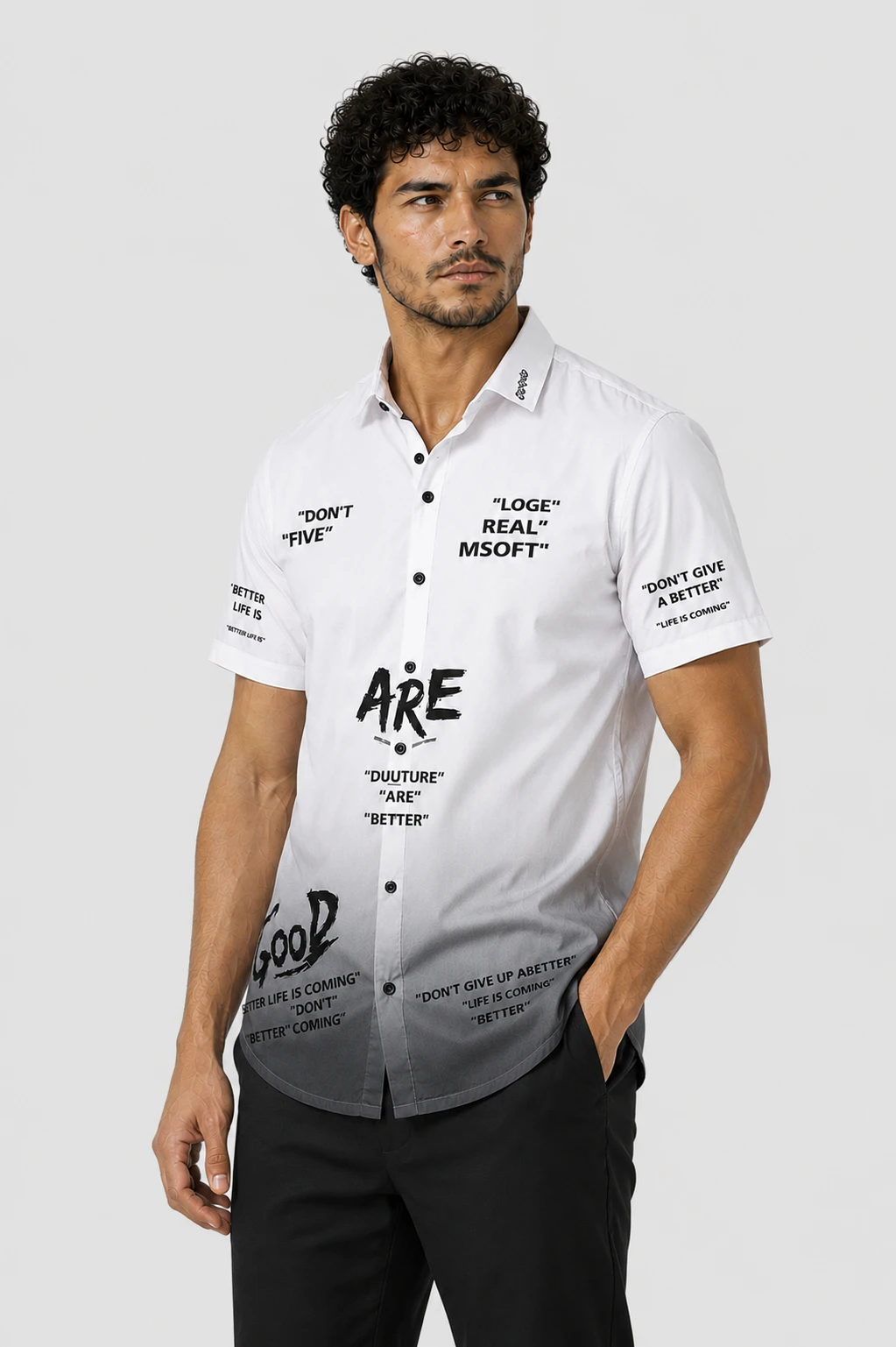 Men's White Typography Printed Casual Half Sleeve Shirt - Image 4
