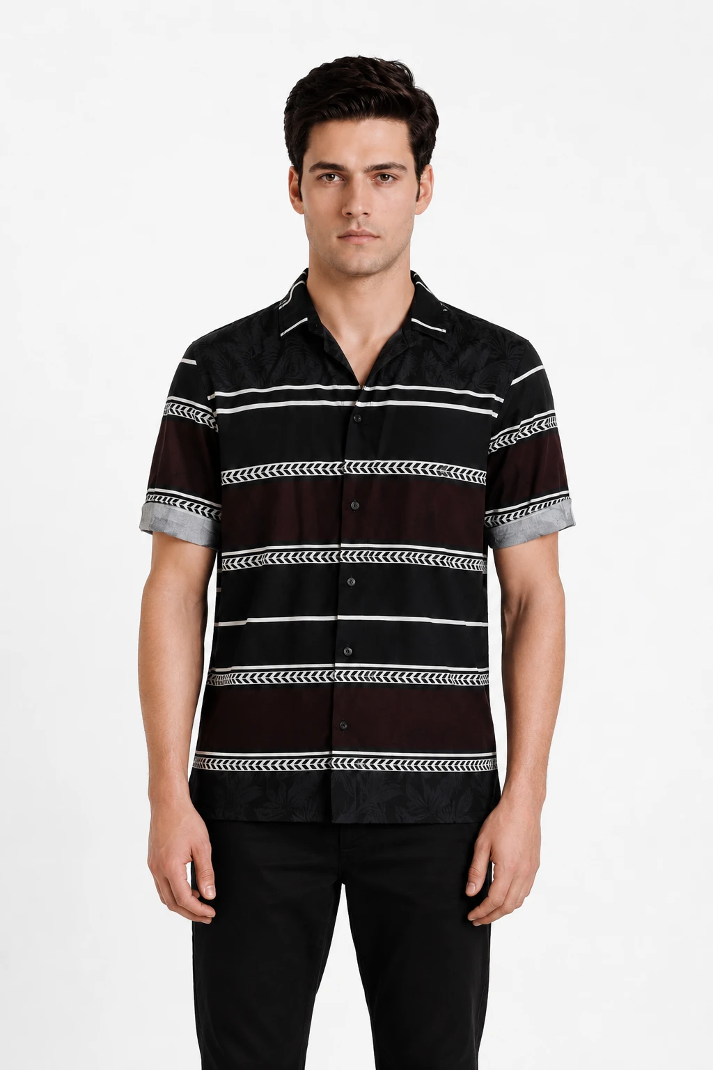 Men's Black Striped Printed Casual Half Sleeve Shirt - Image 2