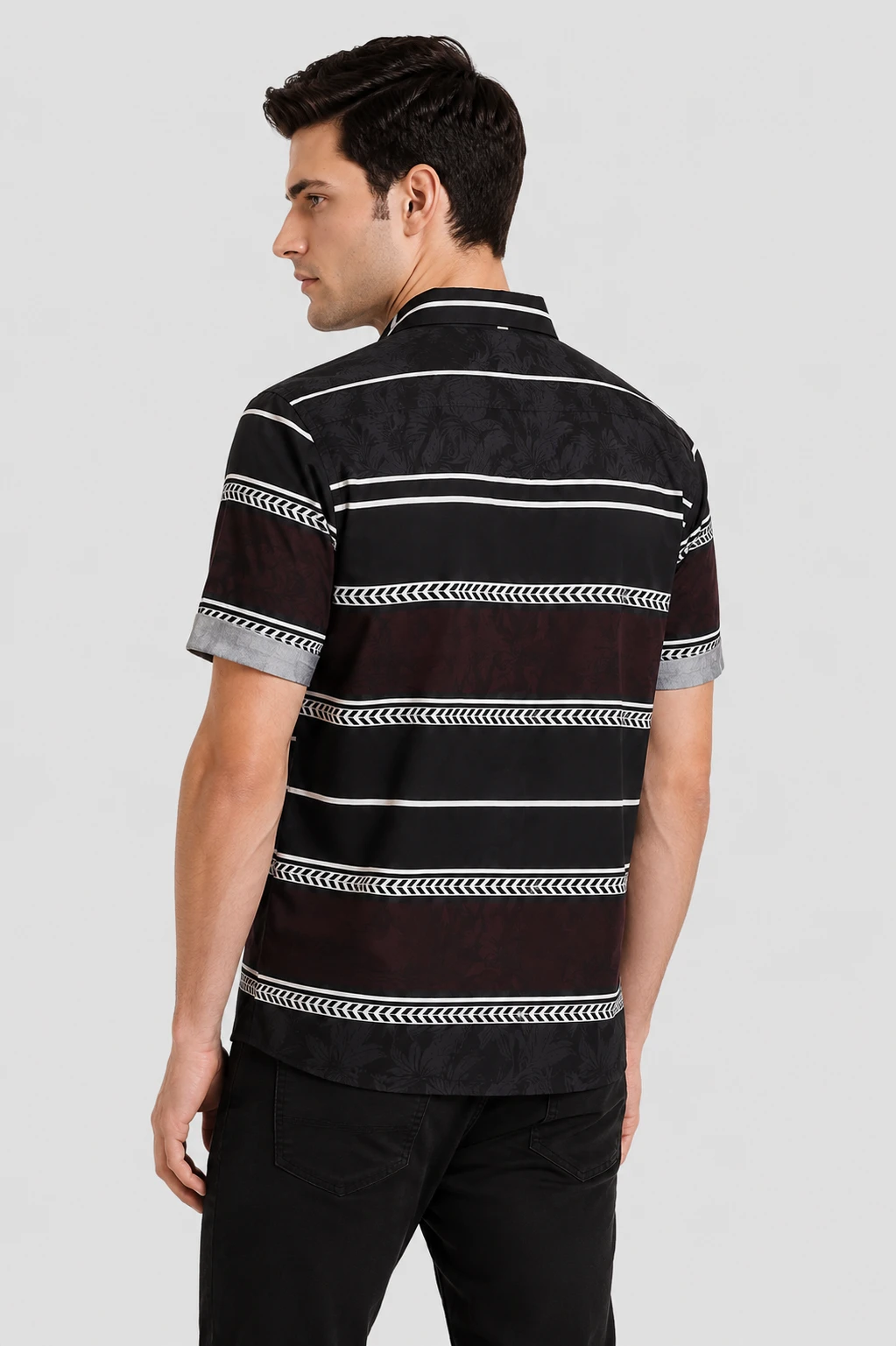 Men's Black Striped Printed Casual Half Sleeve Shirt - Image 3