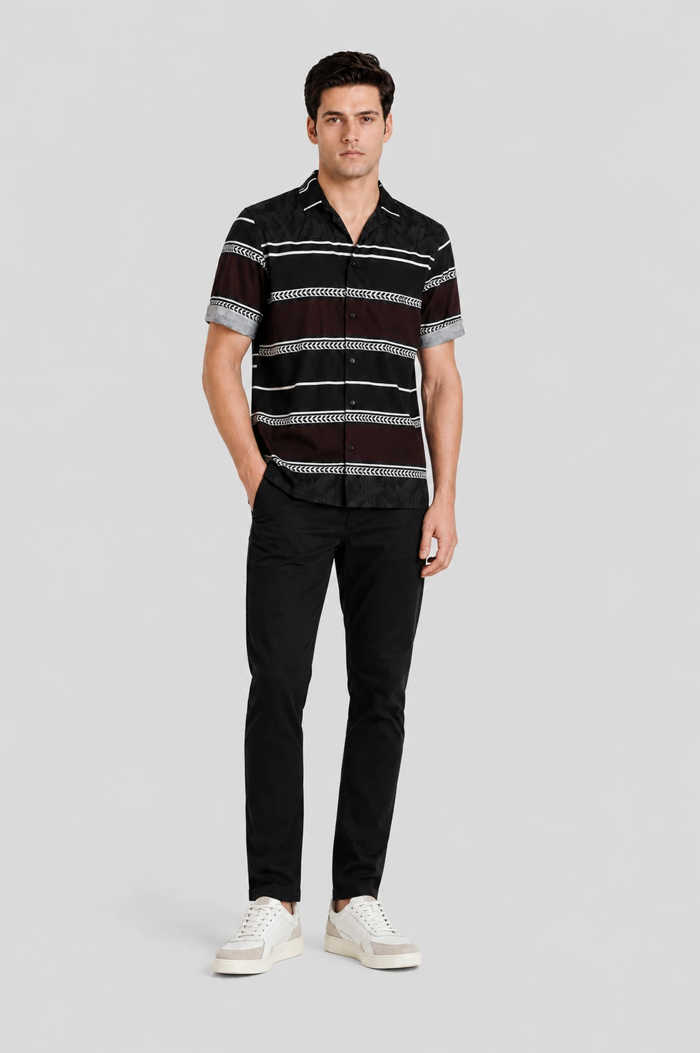 Men's Black Striped Printed Casual Half Sleeve Shirt - Image 4