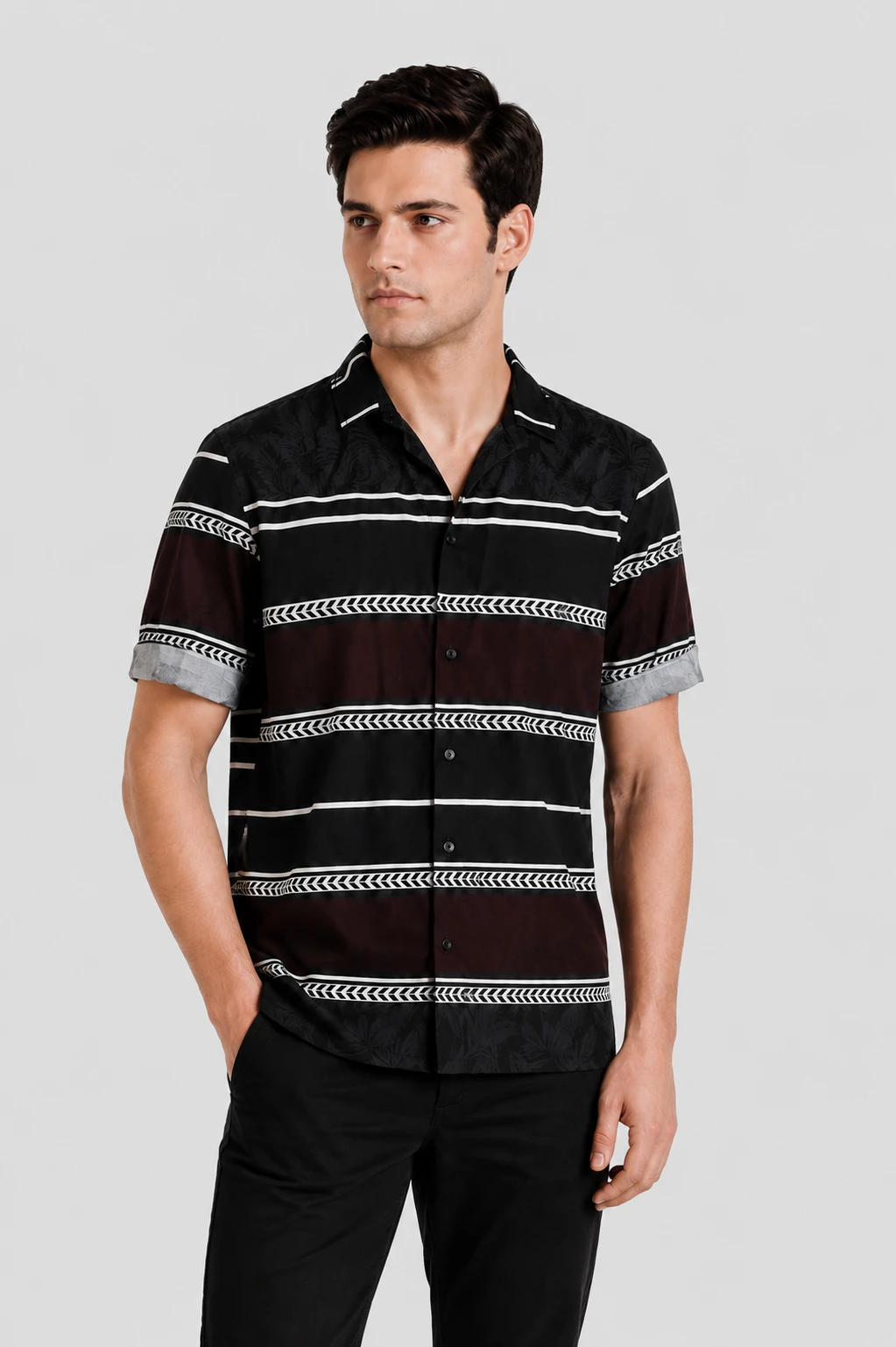 Men's Black Striped Printed Casual Half Sleeve Shirt - Image 5