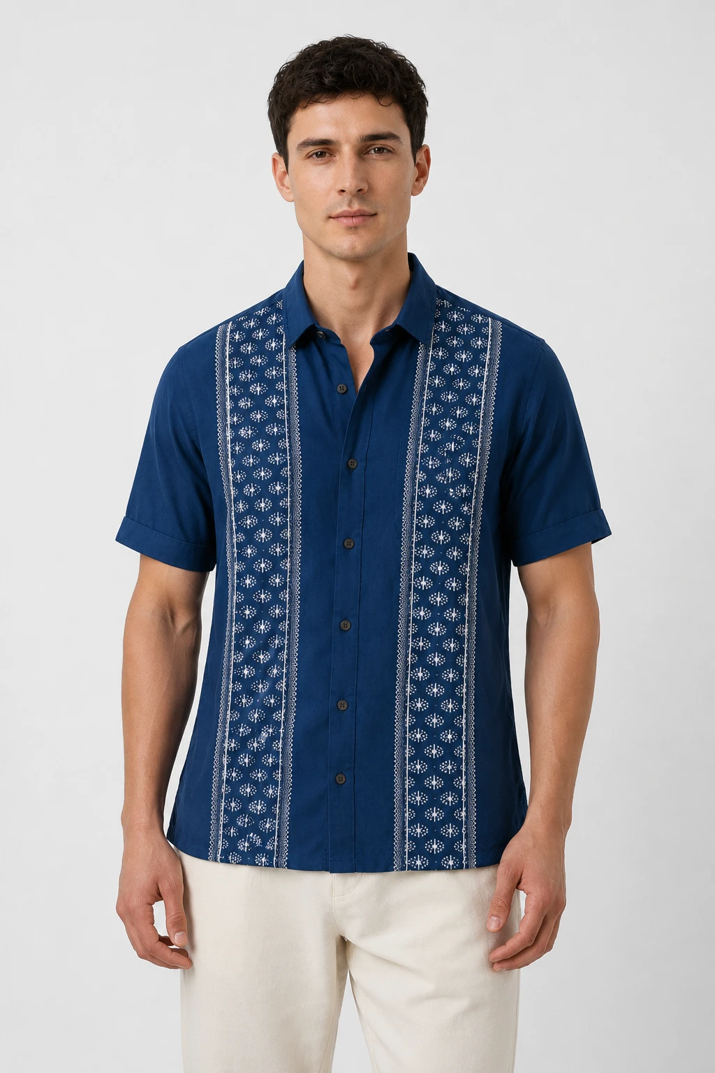Men's Navy Blue Printed Casual Half Sleeve Shirt - Image 2