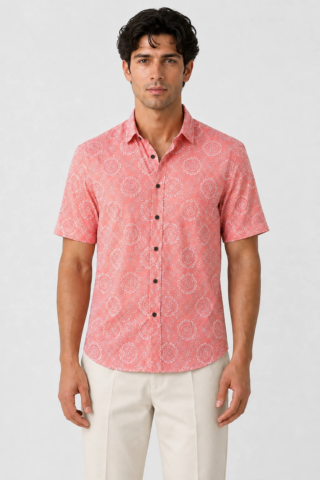 Men's Coral Pink Floral Printed Casual Half Sleeve Shirt - Image 2