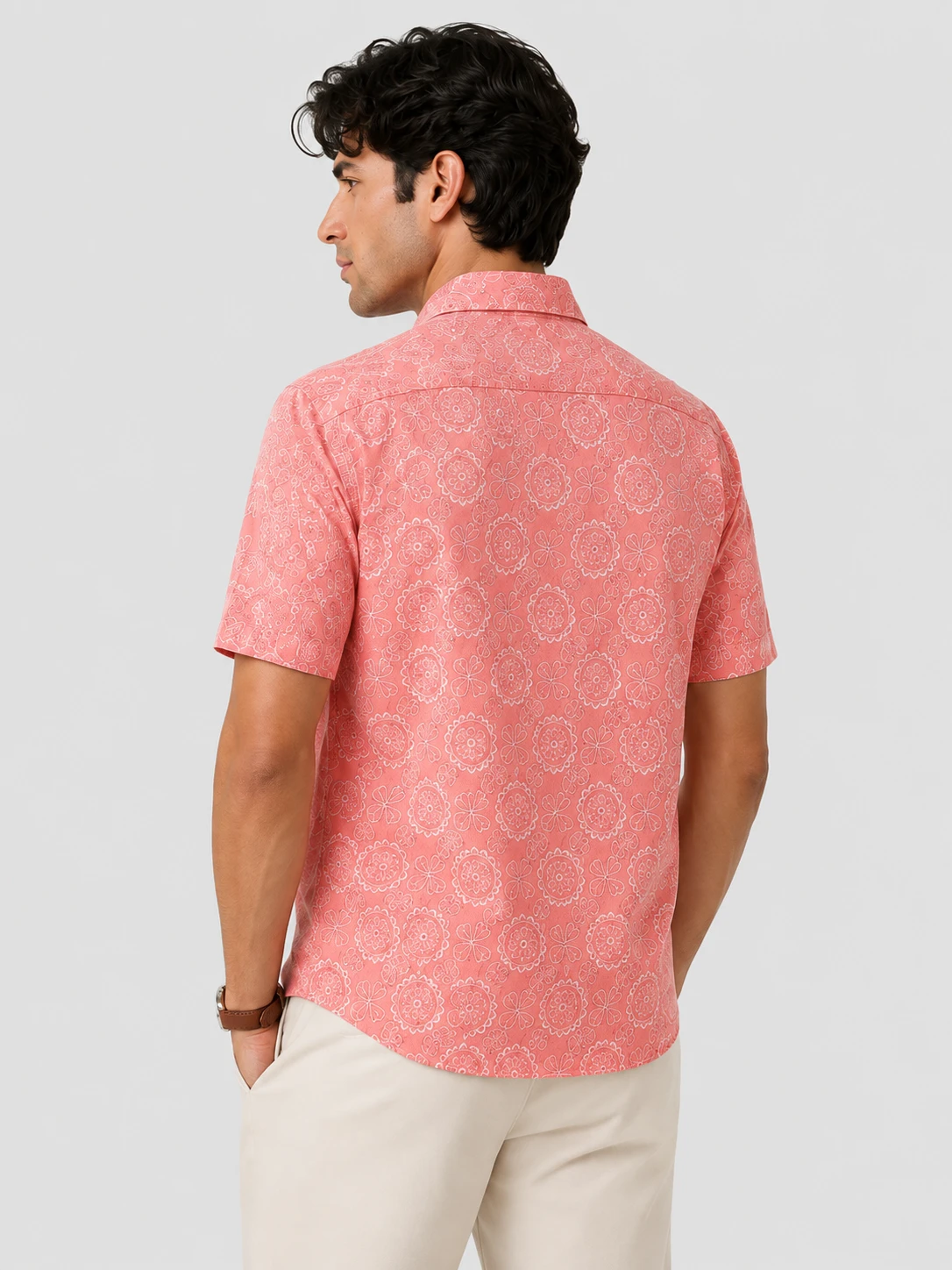 Men's Coral Pink Floral Printed Casual Half Sleeve Shirt - Image 3