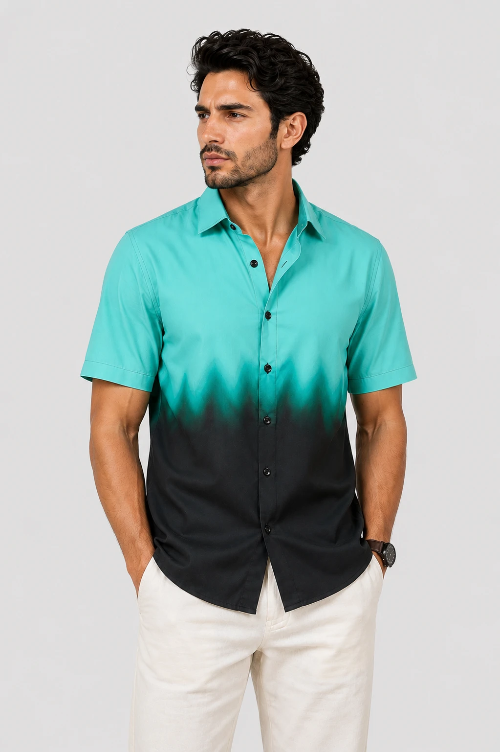 Men's Aqua Green & Black Ombre Casual Shirt - Image 6