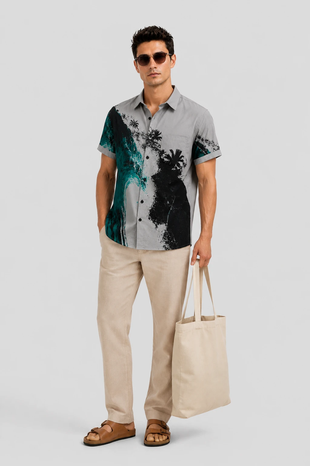 Men's Grey Tropical Print Casual Shirt - Image 2