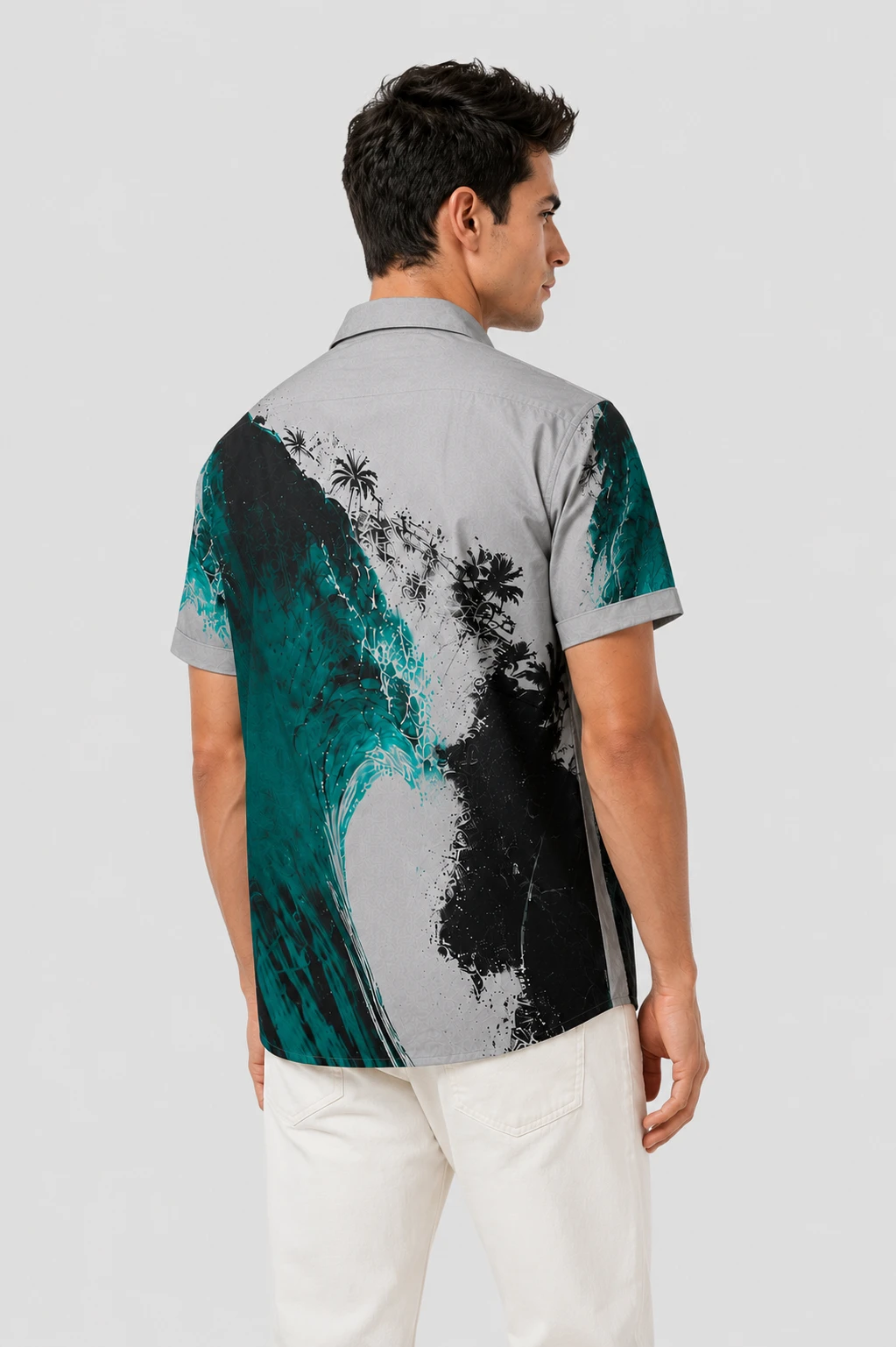 Men's Grey Tropical Print Casual Shirt - Image 3