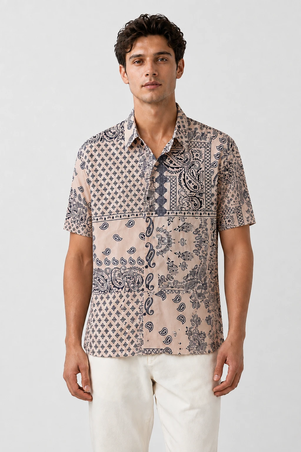 Men's Beige Paisley Printed Casual Half Sleeve Shirt - Image 2