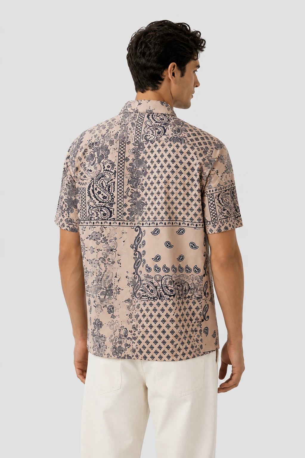 Men's Beige Paisley Printed Casual Half Sleeve Shirt - Image 3