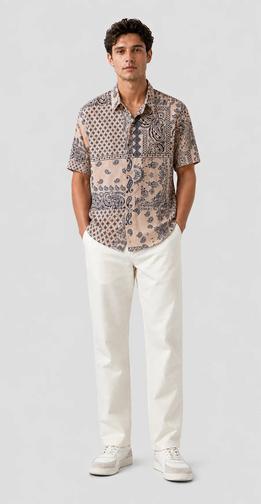 Men's Beige Paisley Printed Casual Half Sleeve Shirt - Image 4