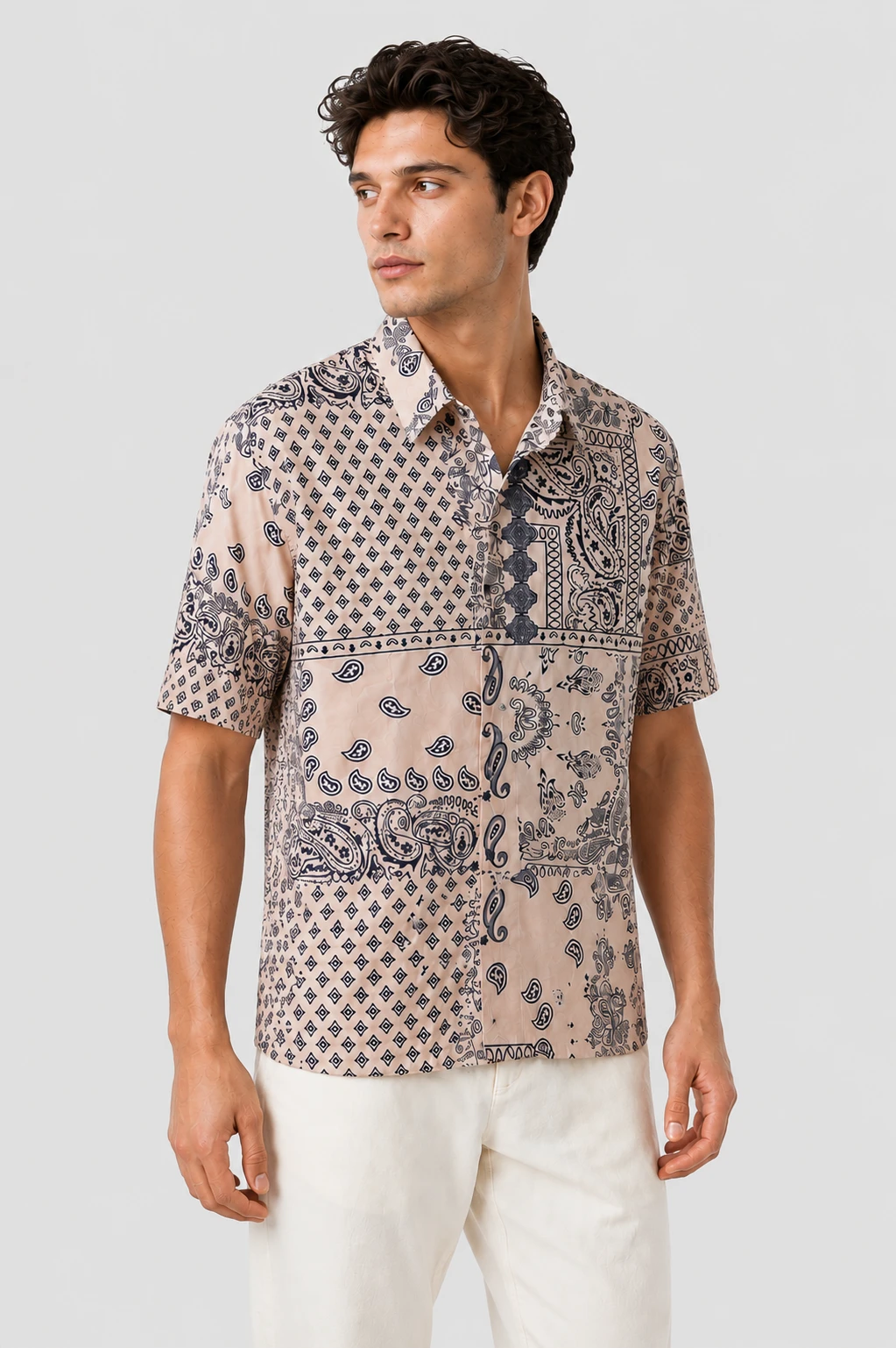 Men's Beige Paisley Printed Casual Half Sleeve Shirt - Image 5