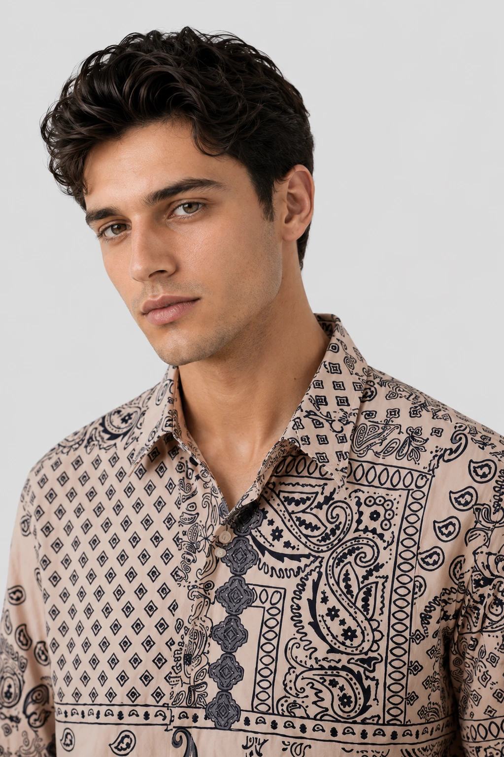 Men's Beige Paisley Printed Casual Half Sleeve Shirt - Image 6