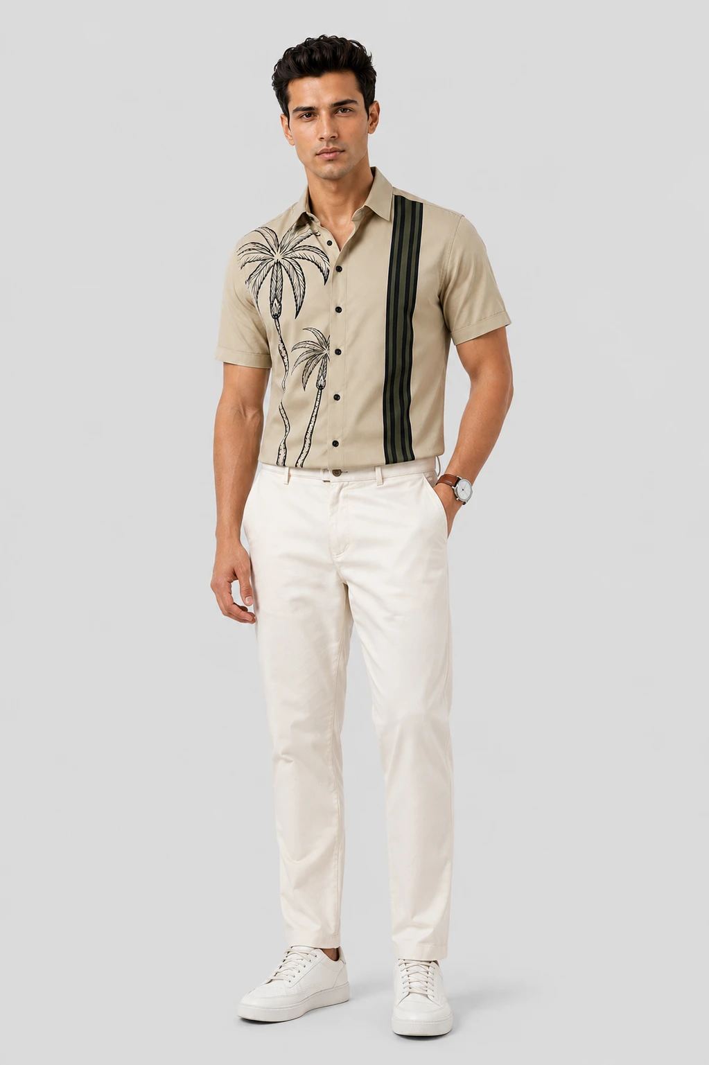Men's Beige Palm Tree Print Short Sleeve Casual Shirt - Image 4