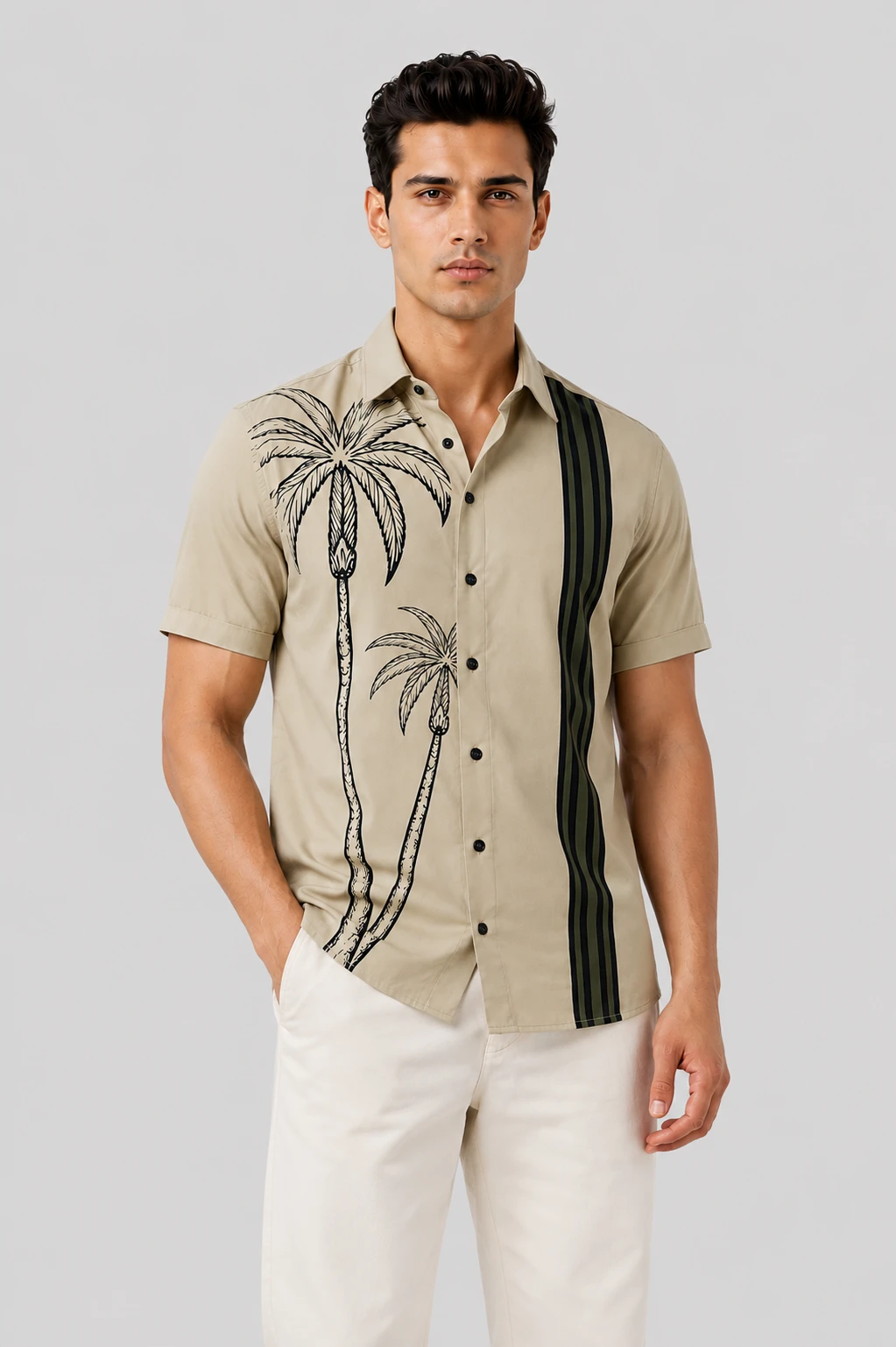 Men's Beige Palm Tree Print Short Sleeve Casual Shirt - Image 5