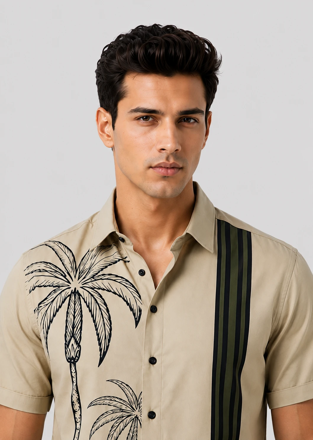 Men's Beige Palm Tree Print Short Sleeve Casual Shirt - Image 6