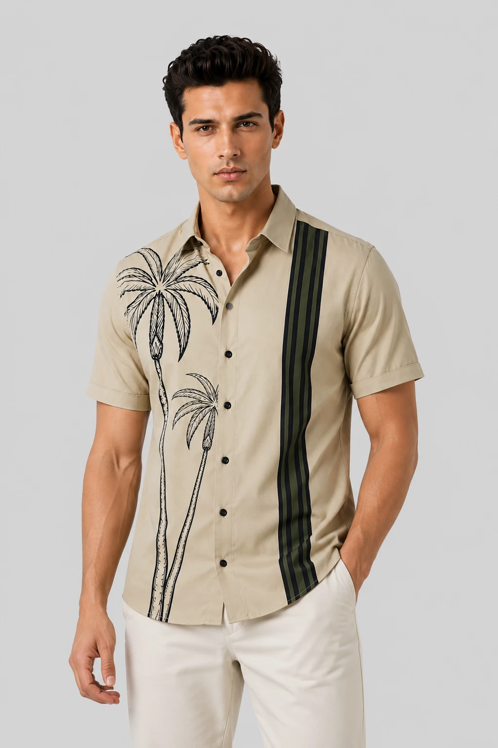 Men's Beige Palm Tree Print Short Sleeve Casual Shirt - Image 7