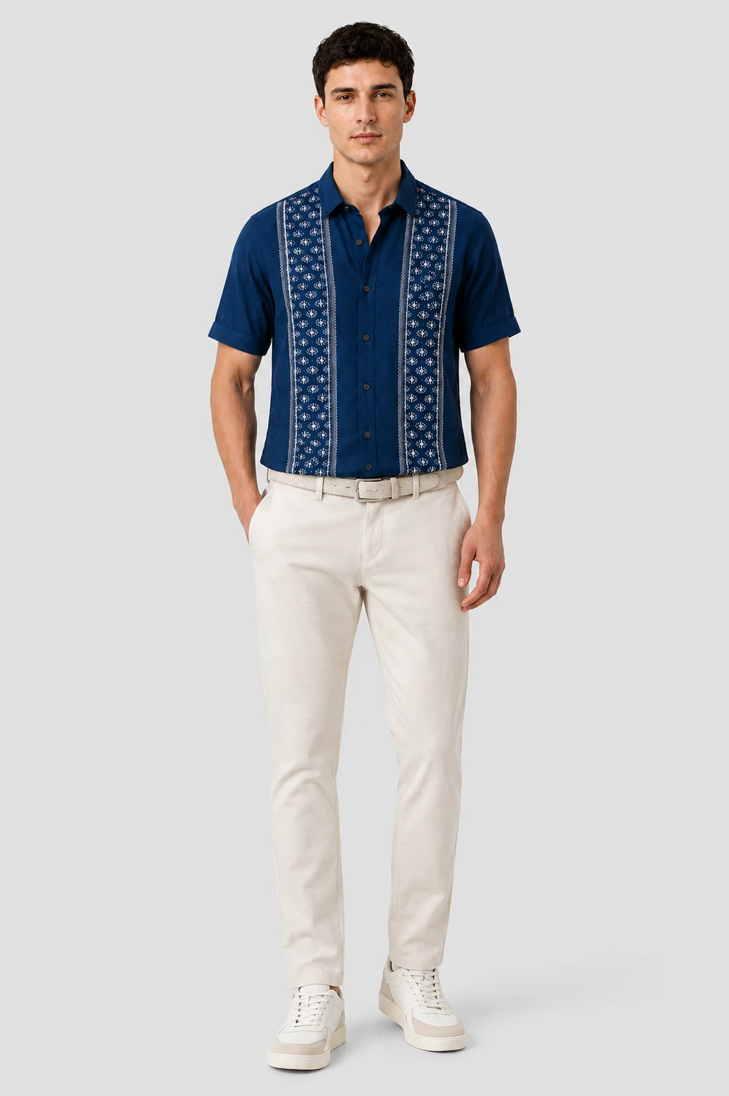 Men's Navy Blue Printed Casual Half Sleeve Shirt - Image 4