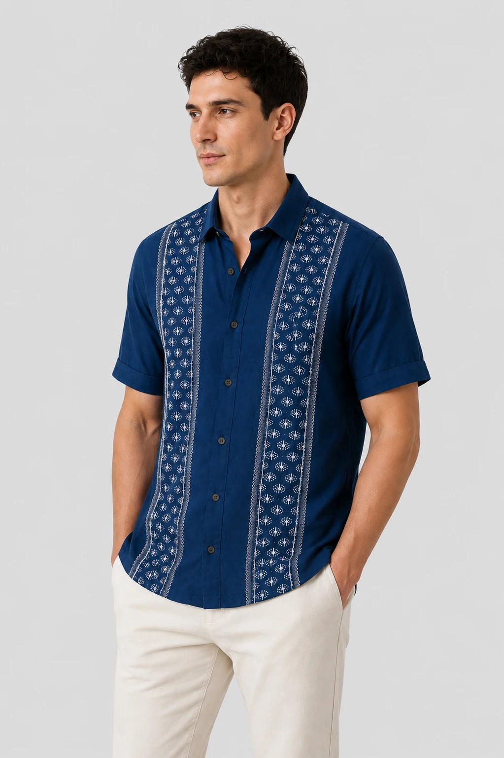 Men's Navy Blue Printed Casual Half Sleeve Shirt - Image 5