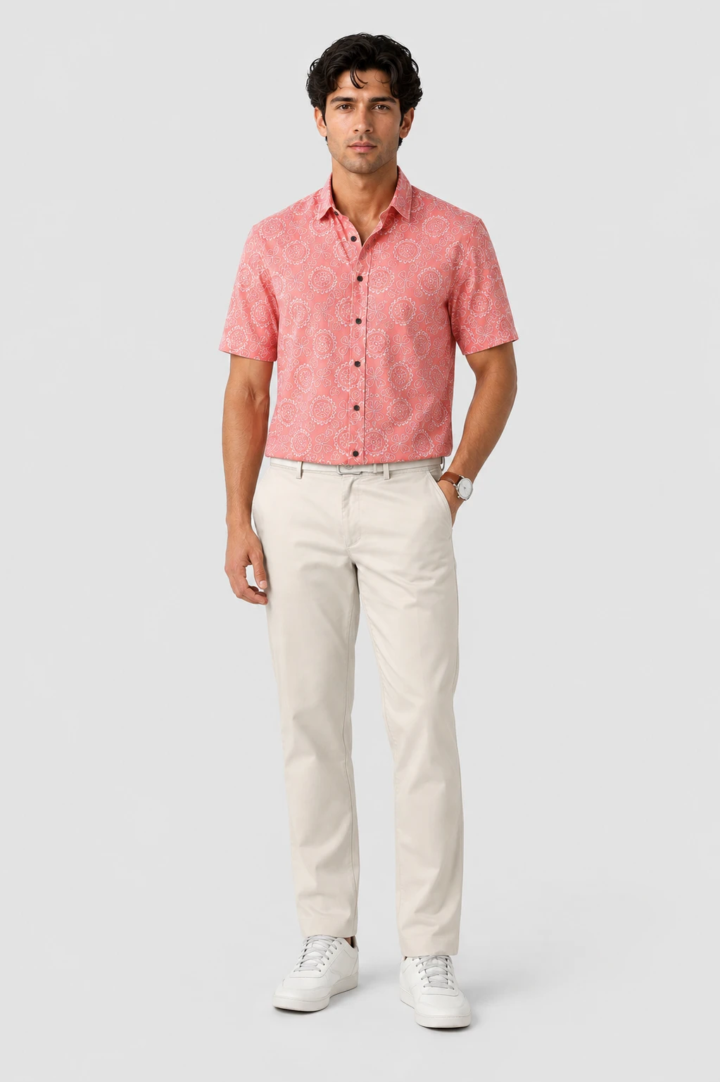 Men's Coral Pink Floral Printed Casual Half Sleeve Shirt - Image 4