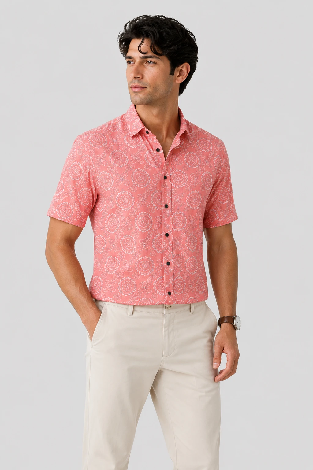 Men's Coral Pink Floral Printed Casual Half Sleeve Shirt - Image 5