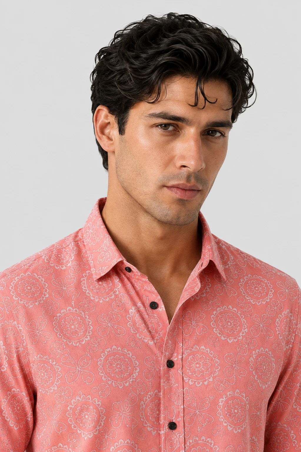 Men's Coral Pink Floral Printed Casual Half Sleeve Shirt - Image 6