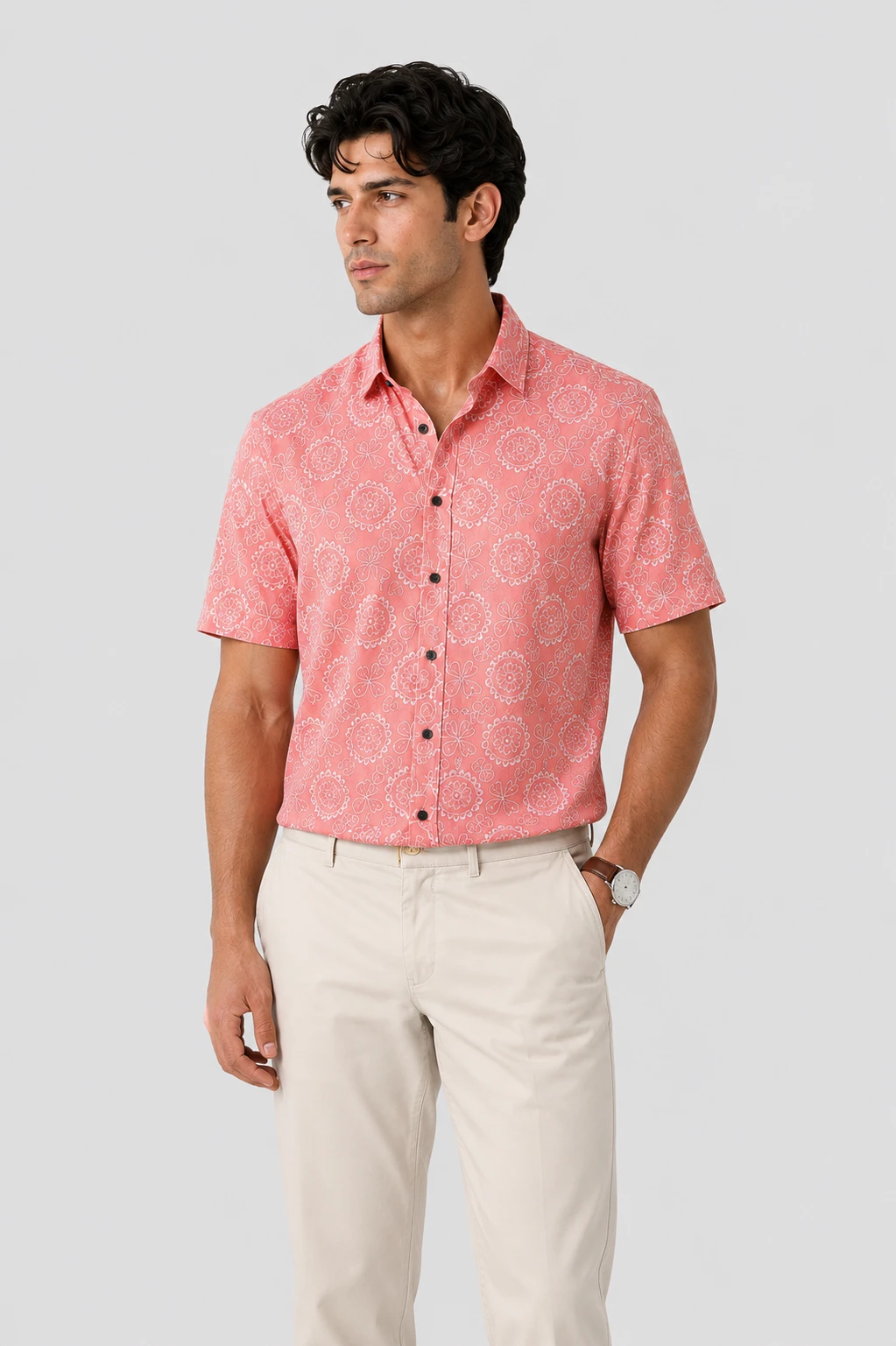 Men's Coral Pink Floral Printed Casual Half Sleeve Shirt - Image 8