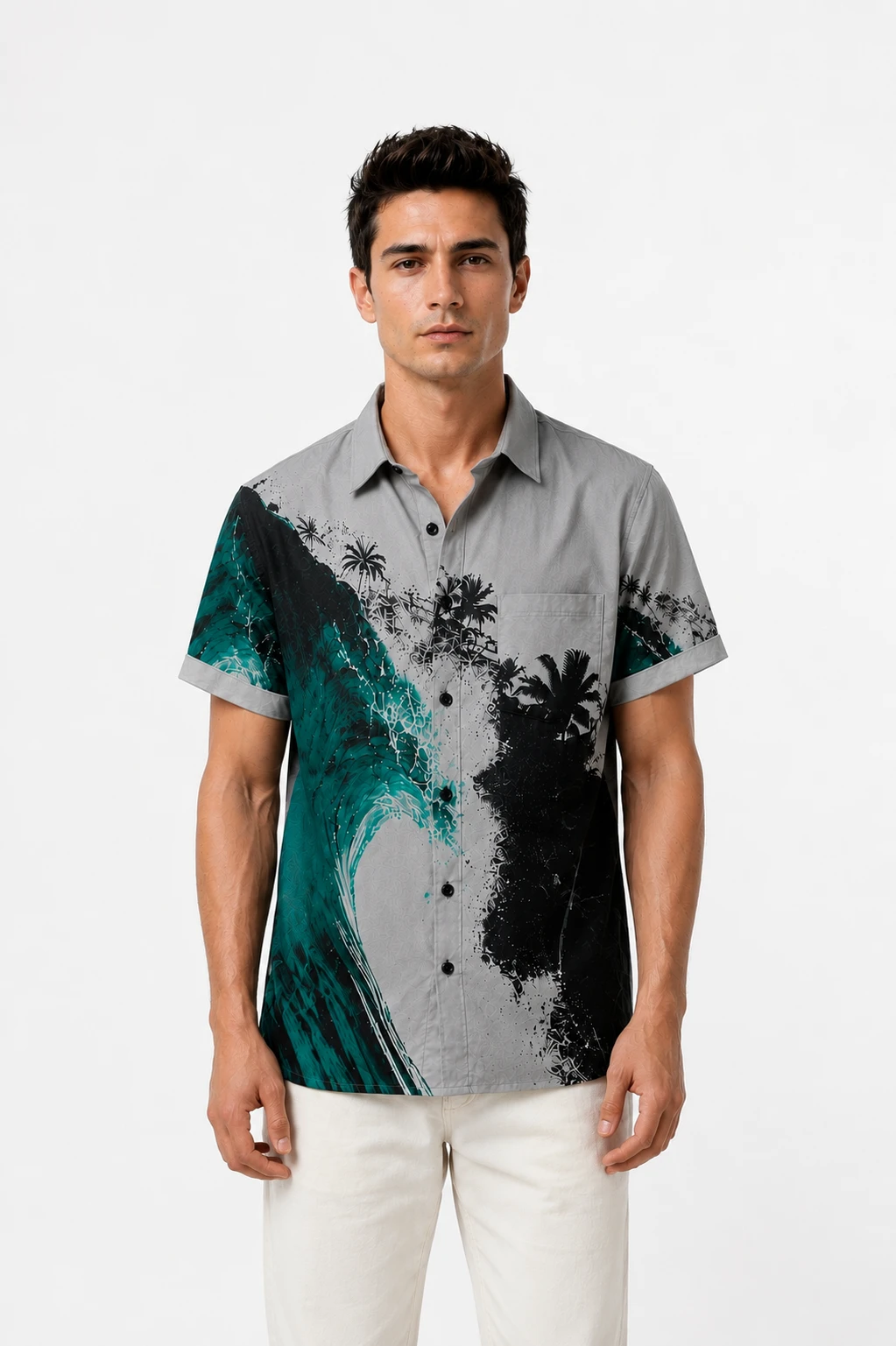 Men's Grey Tropical Print Casual Shirt - Image 4