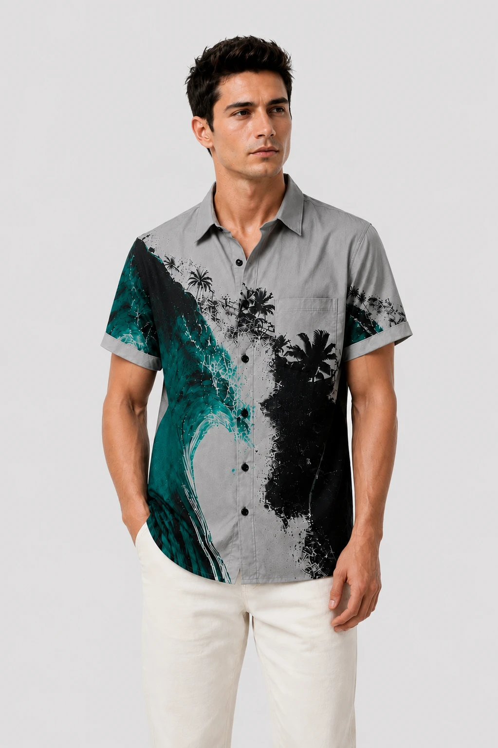 Men's Grey Tropical Print Casual Shirt - Image 5
