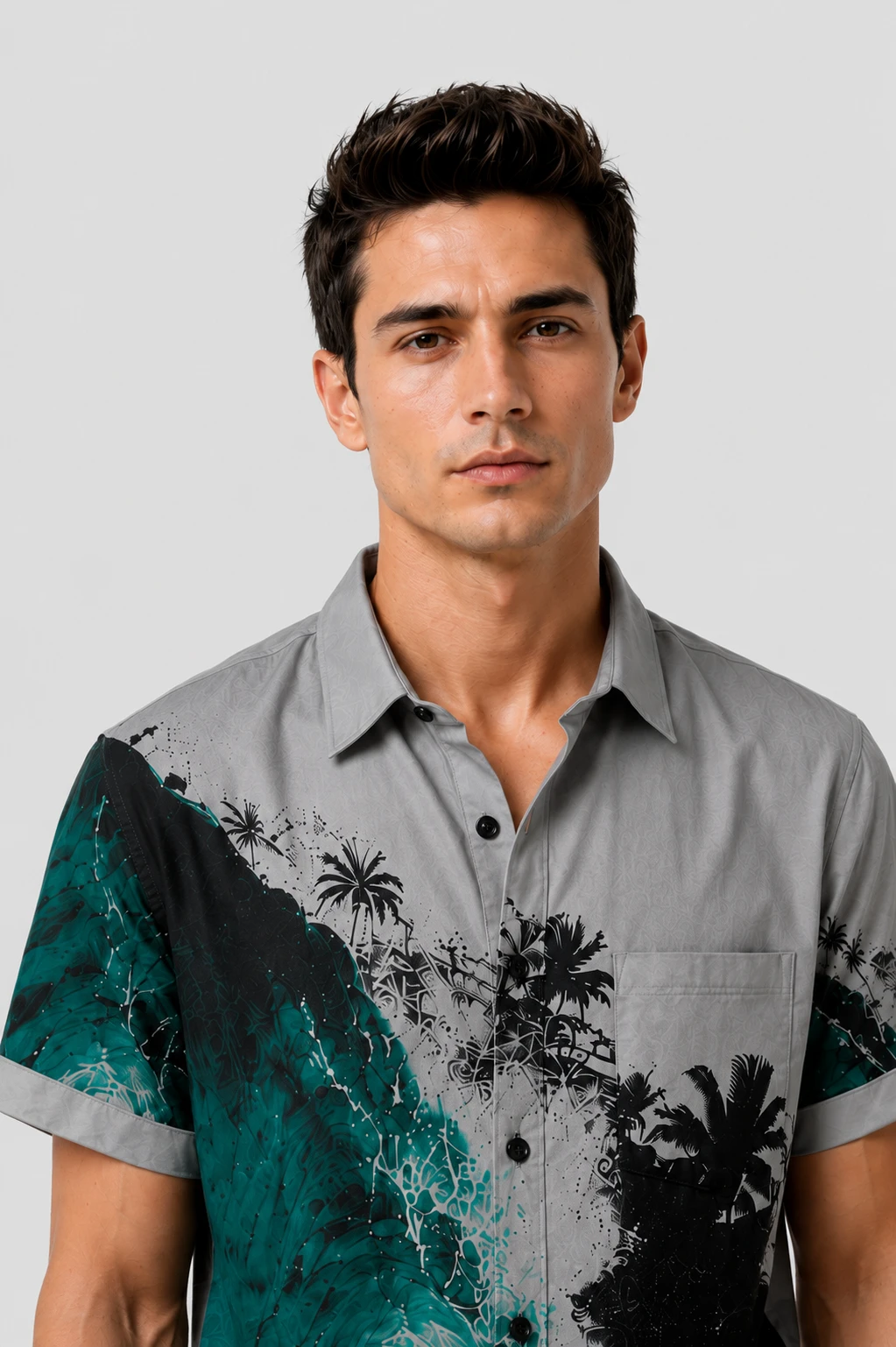 Men's Grey Tropical Print Casual Shirt - Image 6
